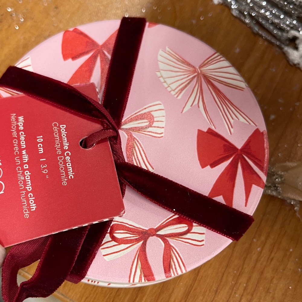 Red & Pink Christmas Bows Ribbons Ceramic Coasters Set of 4, NWT